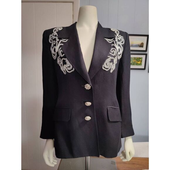 Dana Buchman Jackets & Blazers - Dana Buchman Linen Blend Embroidered Lined Fitted Blazer with Shoulder Pads